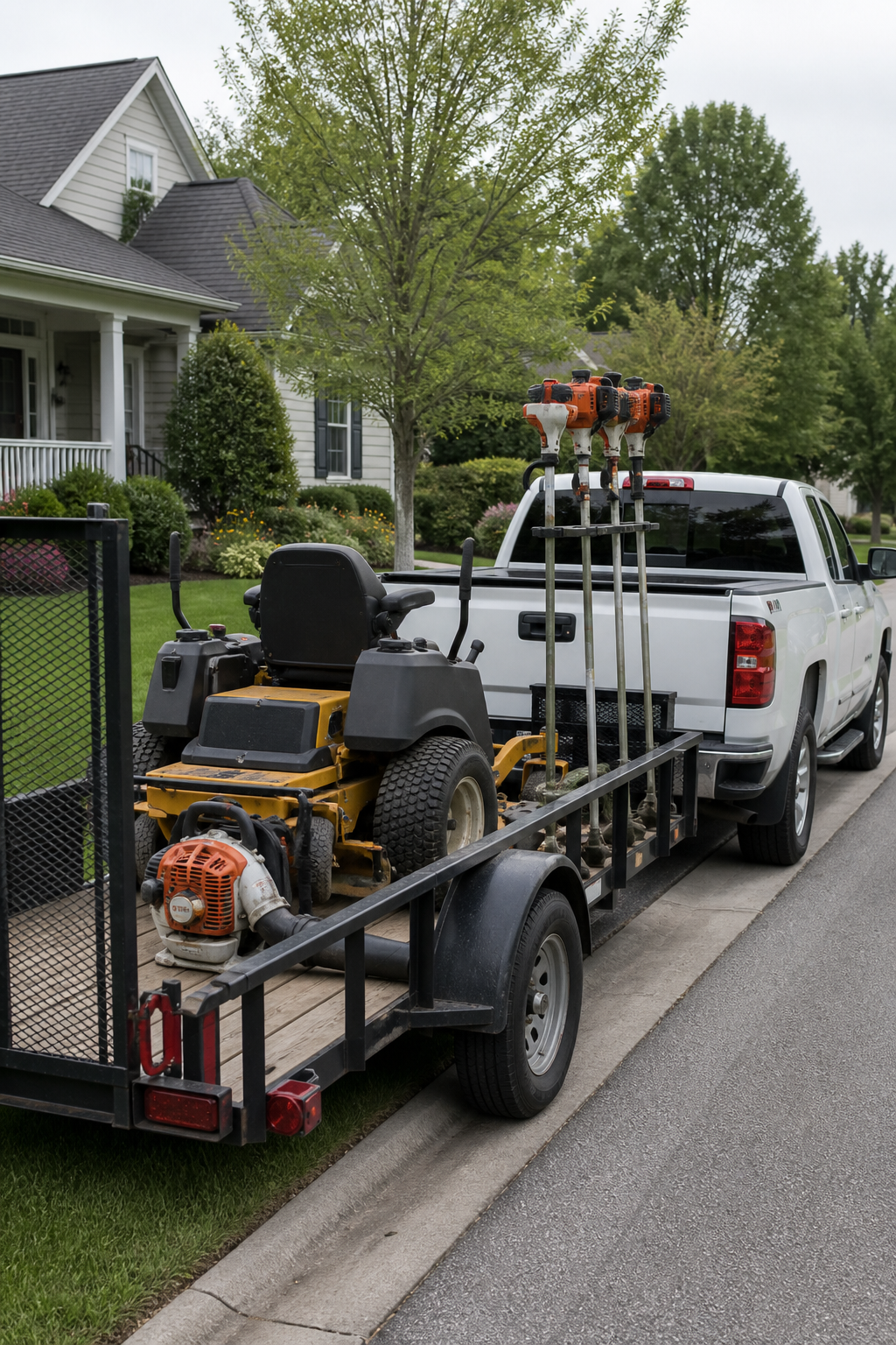 Ridge Lawn Care truck and trailer with mowing equipment parked at a residential job