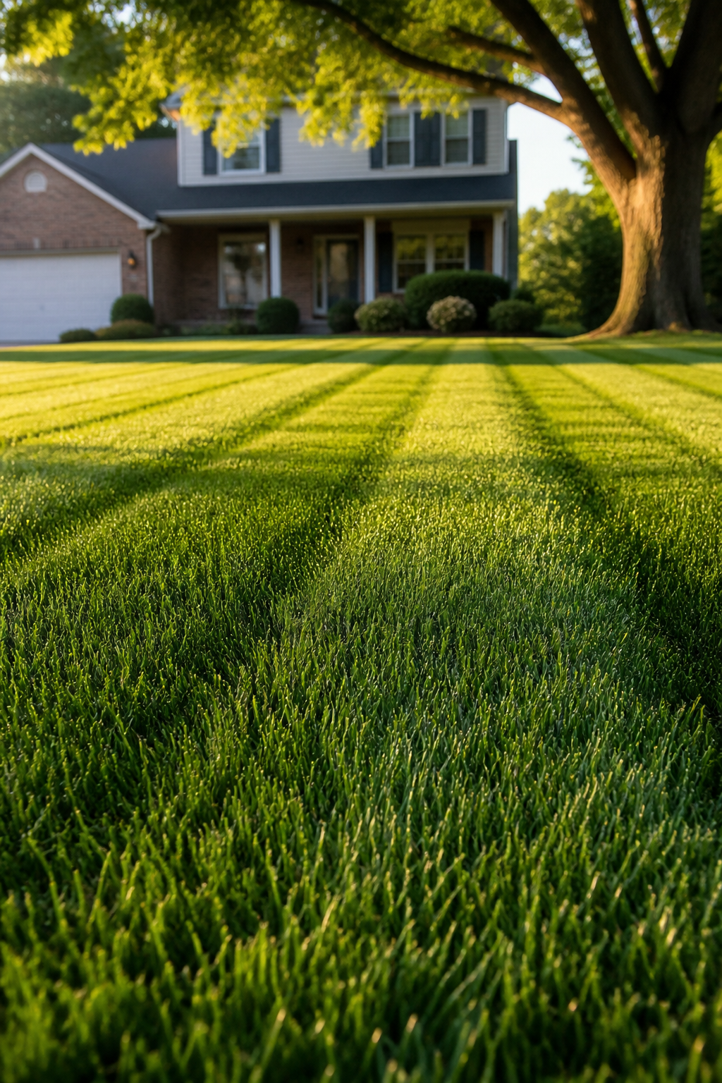 Freshly mowed residential front lawn with clean mowing stripes in Independence, Missouri